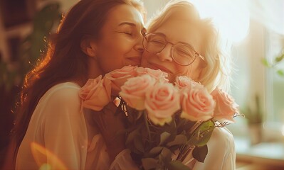 Heartwarming Mother-Daughter Embrace: Sunlit Room with Fresh Pink Roses for Mother’s Day
