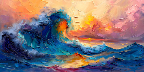 Abstract colorfull ocean water waves oil painting on canvas