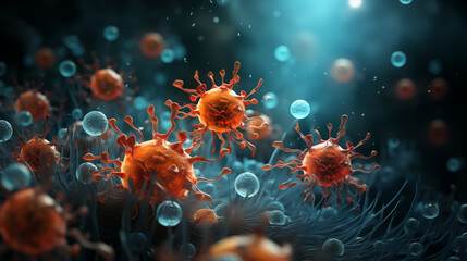 Microscopic view of Virus Bacterium as it proliferates and spreads swiftly through the air, depicting its infectious nature highlighting its airborne transmission.