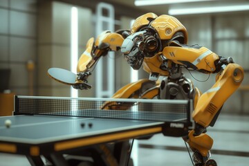 Advanced humanoid robot engaged in a game of table tennis, showcasing futuristic technology in sports. - obrazy, fototapety, plakaty