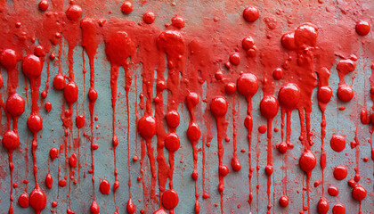 Red paint drops, splatters on textured blue wall. Abstract background. Art brush stroke.