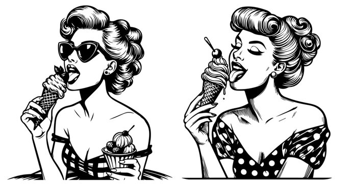 pinup woman eats ice cream, retro style, black vector colorless silhouette, pin up girl clipart, laser cutting old style comic, print engraver