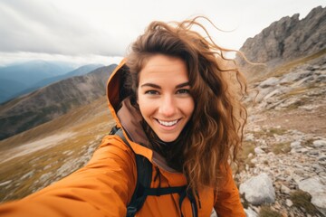 a happy person hiking in the mountain