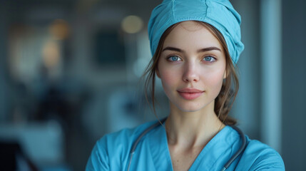Portrait of a confident young female healthcare worker in scrubs in a modern medical facility.
 - obrazy, fototapety, plakaty
