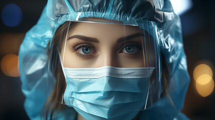 The camera focuses sharply on the human face concealed behind a medical mask, conveying powerful message of caution and vigilance, symbolizing the prevailing need for protective measures in daily life