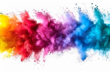 Holi festival, a festive banner. Colorful powder explosion in rainbow colors on white background. - obrazy, fototapety, plakaty