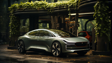 Fototapeta premium Step into the future of transportation with an Electric Car awaiting charge. With its innovative design and eco-conscious performance, the Electric Car leads the way towards a cleaner