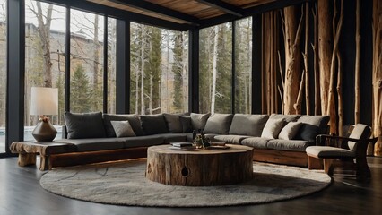 living room with furniture,A large couch sits in a room with floor-to-ceiling windows and a wood-burning fireplace. The room features a rustic, yet modern design.