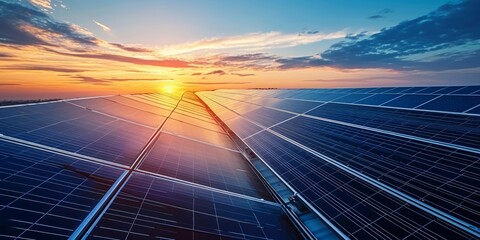 Solar panels on roof generate clean energy at sunset renewable energy concept, Generative AI 