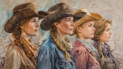 Profiles of women in cowboy history, Watercolor style - obrazy, fototapety, plakaty