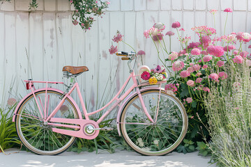 Fototapeta na wymiar A charming pink vintage bicycle, fully painted in a shade of soft pink, is propped against a white wall adorned with plants and tall grasses in the background. A selection of colorful flowers fills th