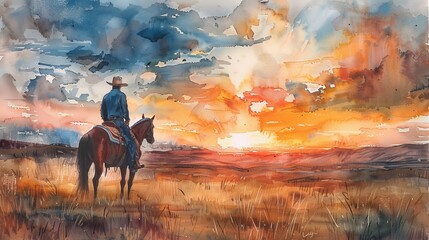A day in the life of a cowboy, from dawn till dusk, Watercolor style - obrazy, fototapety, plakaty