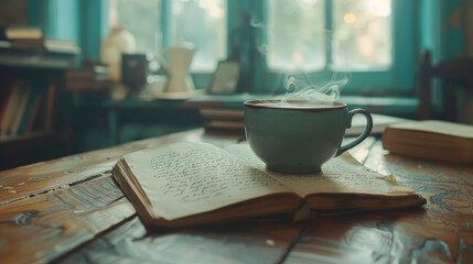 A steaming cup of coffee beside an open journal with handwritten notes, evoking a sense of warmth and tranquility in a vintage setting.
 - Powered by Adobe