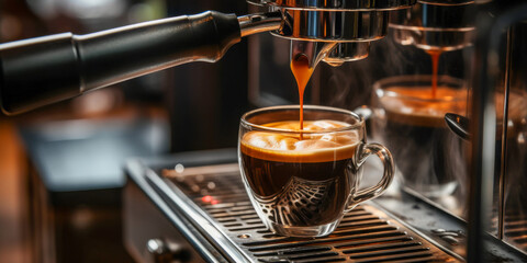 Espresso Pouring into Clear Glass Cup - obrazy, fototapety, plakaty