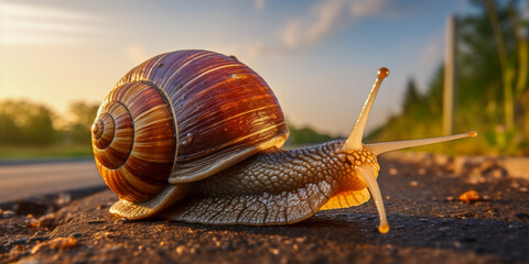 Snail Journey at Sunset - obrazy, fototapety, plakaty