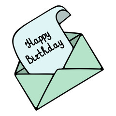 Open green envelope with a letter. Happy birthday text on a rolled blue sheet. 
