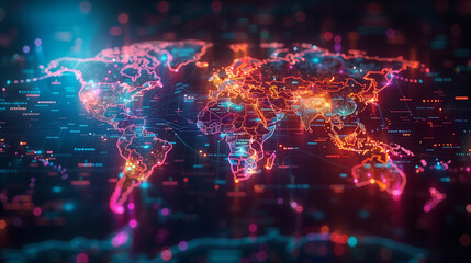 Global Connectivity: Holographic World Map with Tech Overlays