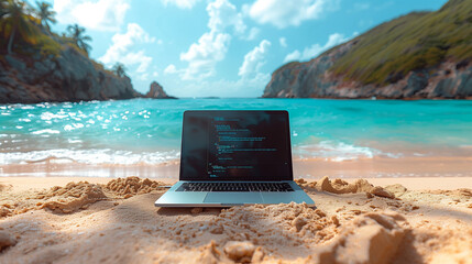 Digital Nomad Paradise: Laptop on Beach with Tropical Ocean Backdrop - obrazy, fototapety, plakaty