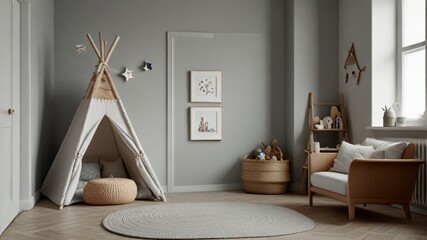 "Whimsical Wonderland: Mockup Wall in a Scandinavian Style Children's Room against a Clean White Background"
