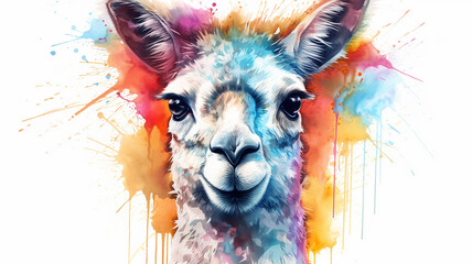 Furry lama is a wild animal in colorful bright colorful watercolor splashes with a cheerful look - 774139069
