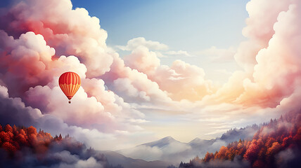 A balloon is flying about the sky among the clouds, a background postcard in watercolor style - obrazy, fototapety, plakaty