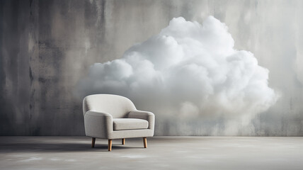 Fluffy white cloud, thick smoke, soft armchair in the interior of the room minimalism
