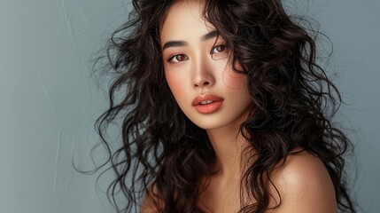Naklejka premium Stylish Asian Beauty: Young Woman with Curly Hair and Korean Makeup