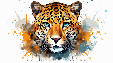 Jaguar, spotted tiger, wild cat, leopard in colored splashes of watercolor paints on a white background - obrazy, fototapety, plakaty