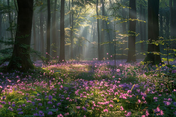 Enchanted Forest Sunrise with Blooming Wildflowers