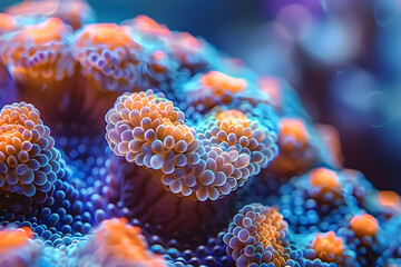 a close up of a coral with a lot of water droplets on it's corals and coral corals on the bottom of the coral are orange and blue.