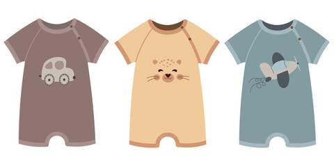 Vector Newborn Clothing One-piece short-sleeved suit with cartoon stickers Flat style