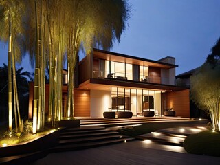 luxurious bamboo buccket  modern house exterior house illuminated by elegant sunny and garden in...