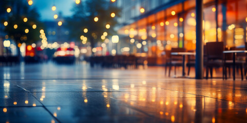 Fototapeta na wymiar Twilight Cityscape with Glowing Lights and Rainy Pavement