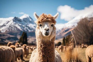 Fototapeta premium Curious Alpaca in Andean Pasture - Mountainous Rural Landscape