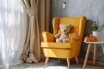 Foto op Aluminium Children's room with yellow armchair soft toys on flate background © M