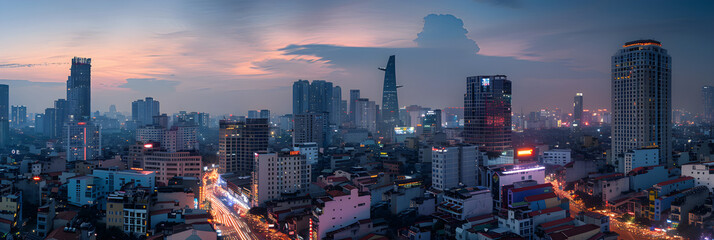 Twinkling Lights and Dynamic Pulse: A Charming Glimpse into Vietnam's Urban Metropolis - obrazy, fototapety, plakaty