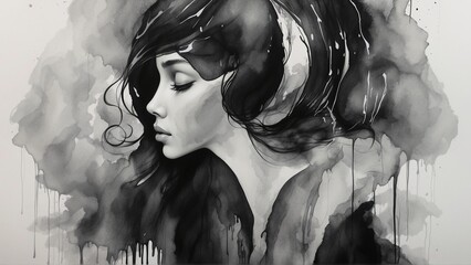 Woman's face profile portrait, black and white watercolor painting style, moody gray color, serious sad thinking woman illustration - obrazy, fototapety, plakaty