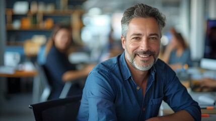 Fototapeta premium Headshot close up portrait of latin confident mature good looking indian middle age leader, ceo male businessman on blur office background. Handsome hispanic senior business man smiling at camera