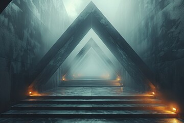 A captivating image depicting an ethereal triangular structure in a foggy environment, symbolizing a mystical passage - 774141003