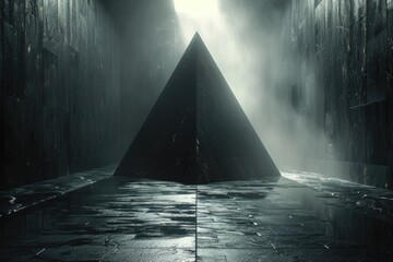 The image captures the intriguing essence of a black pyramid emerging from the darkness of a mysterious corridor - obrazy, fototapety, plakaty