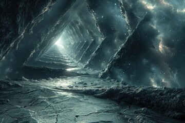 A mesmerizing depiction of an interstellar rocky landscape with shafts of light piercing through angular gaps - 774141026