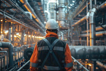 Fototapeta premium A man in a safety vest stands in a large industrial building by AI generated image
