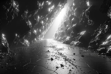 An artistic monochromatic image capturing a pathway with light streaming through dark, jagged rocks, creating a serene yet somewhat eerie atmosphere - 774141083