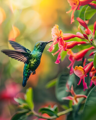 Fototapeta premium Hummingbird flying and feeding on some flowers in a garden - Generated with AI