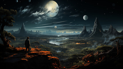 Fantasy Landscape and the idea of Planet exploration , emphasizing humanity's curiosity about the Space.