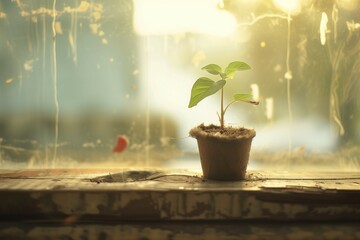 Young plant sprouting in biodegradable pot on rustic wooden surface - obrazy, fototapety, plakaty