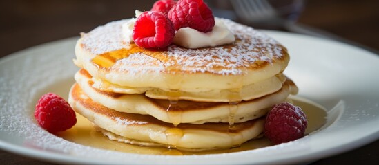 Delicious pancakes topped with fresh raspberries and a sprinkle of powdered sugar served on a plate - Powered by Adobe