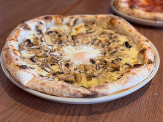 mushroom pizza in ceramic plate