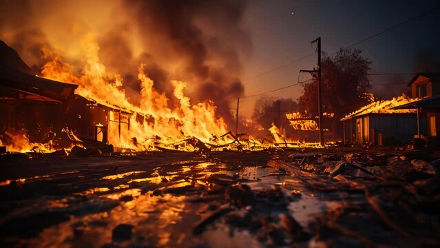 Burning buildings in the city. Fire and smoke from the burning building