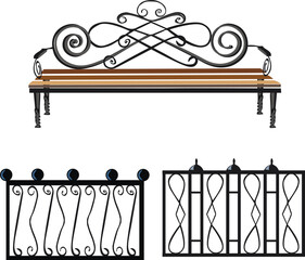 set of vector illustrations of forged products - a park bench with a metal patterned back with spirals and curls and a segment of a street border or an iron fence, decor for city, gardenGB